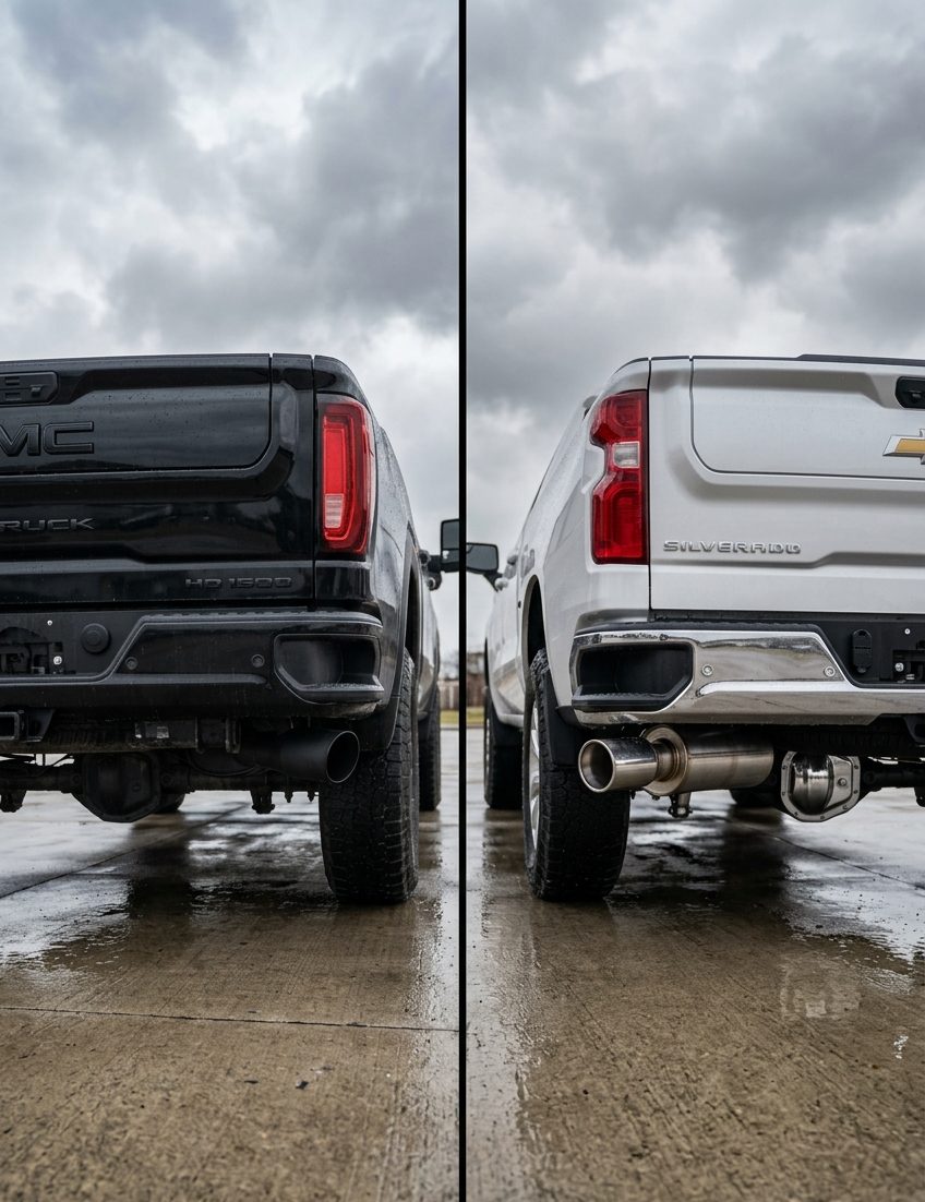 Aftermarket exhaust comparison showing Flowmaster and Borla systems